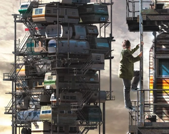 The meme is a screenshot of a Minecraft game, where a player has built an absurdly large and complex shelter using Minecraft blocks. The shelter is so massive that it's almost impossible to see the player's character....