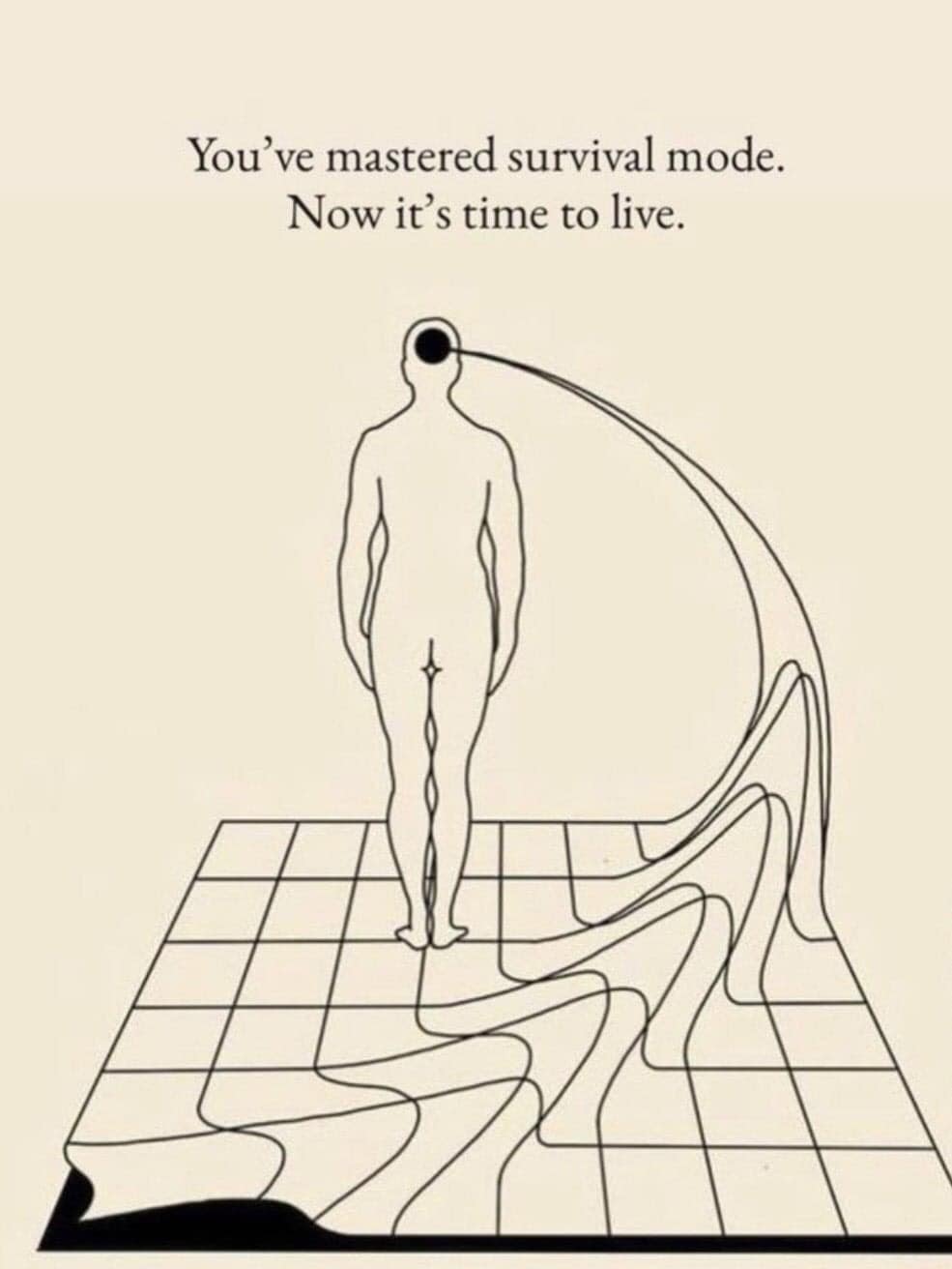This meme is a humorous illustration of a person standing in a room with a large, gaping hole in the floor. The text above the person reads, "You've mastered survival mode. Now it's time to live." The image implies that the person has finally overcome their struggles and is ready to move on to a more fulfilling life.