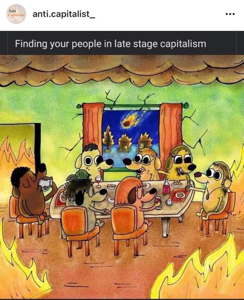 This meme is a cartoon image of a group of people, likely anthropomorphic animals, sitting at a table, but instead of a normal dinner, they are surrounded by flames and destruction. The text above the image reads "In 2-3 sentences, describe this meme for someone who cannot see it."