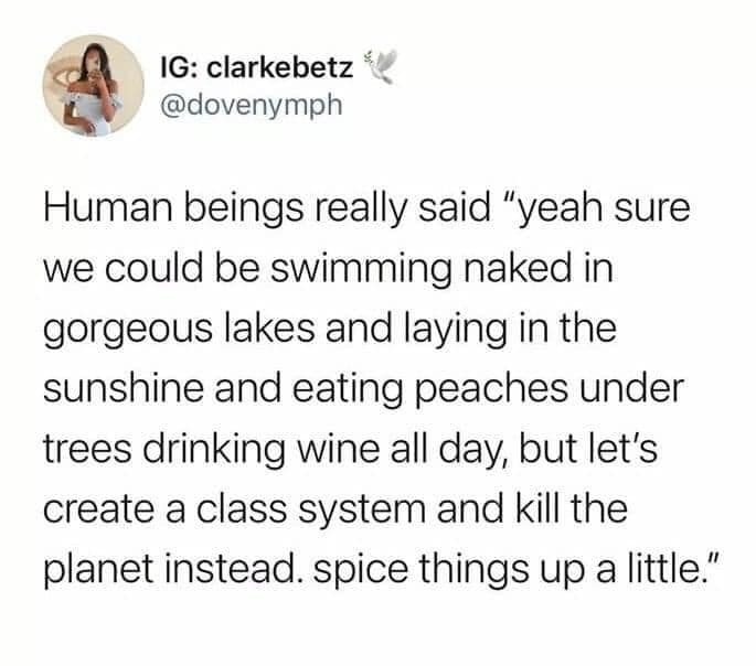 This meme is a humorous commentary on the idea of an idealized world. The text in the image reads: "In an alternate universe, humans are like 'yeah sure we can be naked, drink wine, and eat peaches in paradise' but in reality, we're stuck in a classroom, forced to learn and do homework."