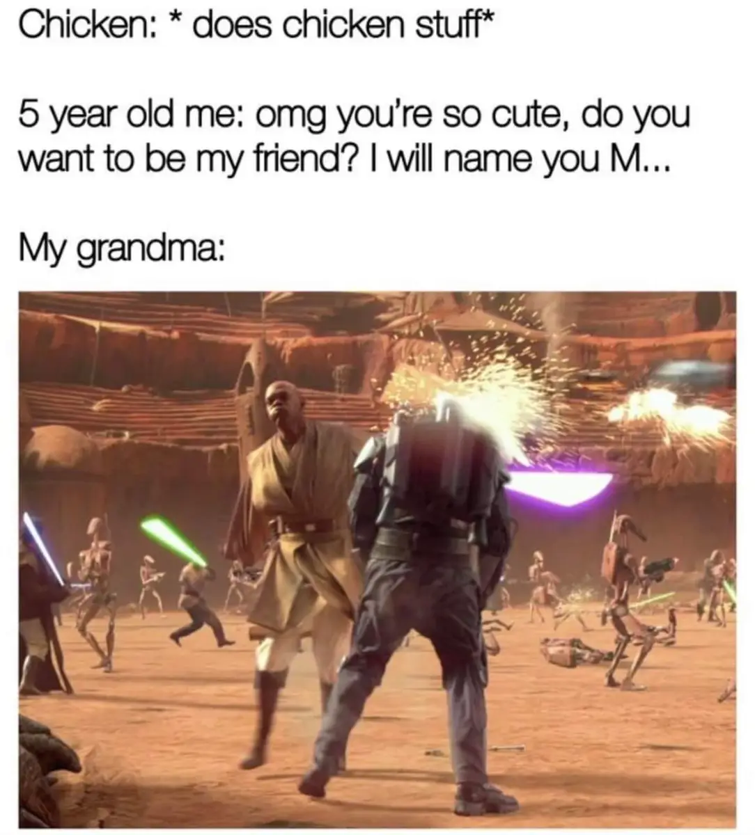 This meme is a humorous exchange between a parent and child. The child asks if their chicken dinner is named, and the parent responds with a sarcastic and playful name, "Fowl McChickenface". The meme is likely to make someone chuckle at the absurdity of the child's question and the parent's silly response.