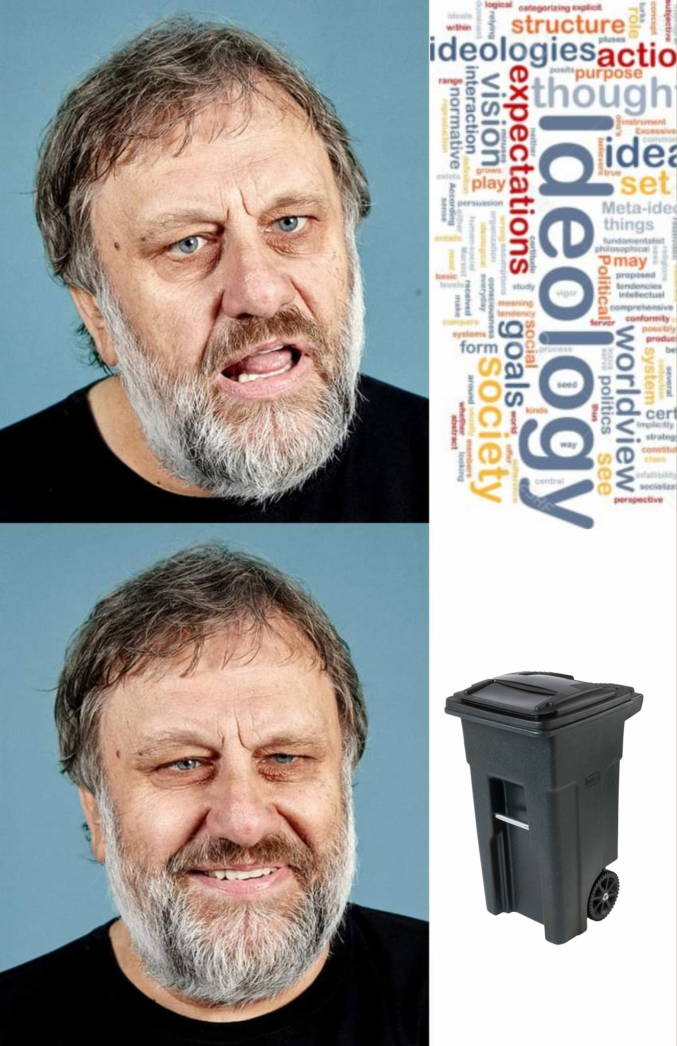 The meme is a humorous representation of the philosopher Slavoj Zizek's critique of ideology, specifically his concept of "ideology as a form of fantasy." The image juxtaposes a photo of Zizek with a trash can, implyi...