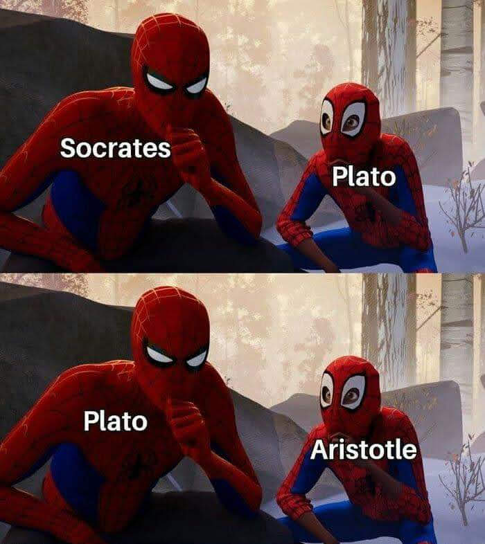 The meme is a humorous comparison between two ancient Greek philosophers, Socrates and Plato, in a modern context. The image depicts two characters, one dressed as Socrates and the other as Plato, sitting on a couch, both wearing Spider-Man costumes. The text "Socrates: I know nothing" and "Plato: I know everything" is overlaid on the image, referencing the philosophical ideas of the two thinkers.