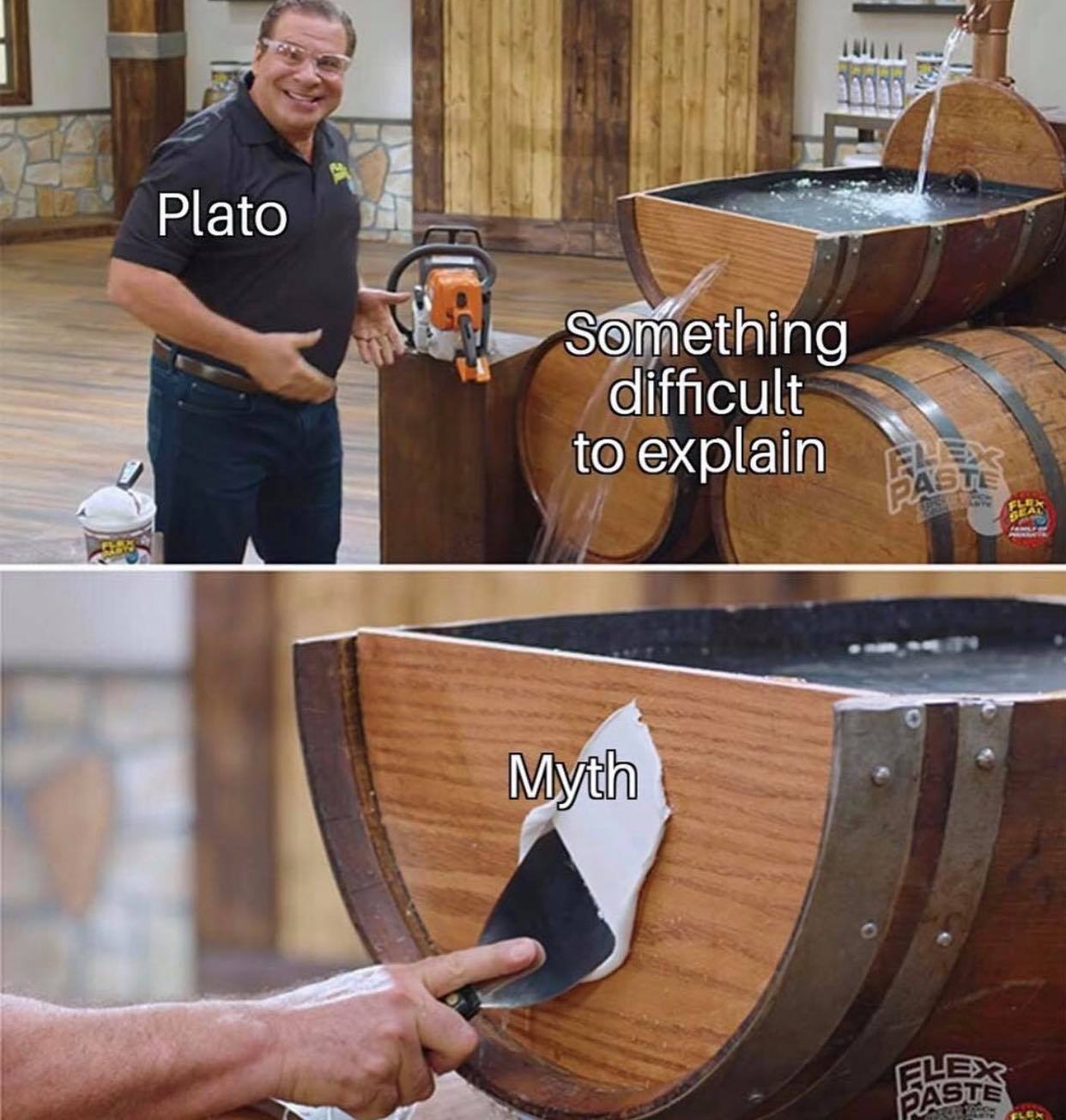 The meme is a humorous image of a person pouring water into a bucket labeled "Plato" and another labeled "Aristotle". The text "Plato: Water" and "Aristotle: Water" is written above each bucket. The image is captioned "When explaining philosophy to someone who doesn't understand philosophy".