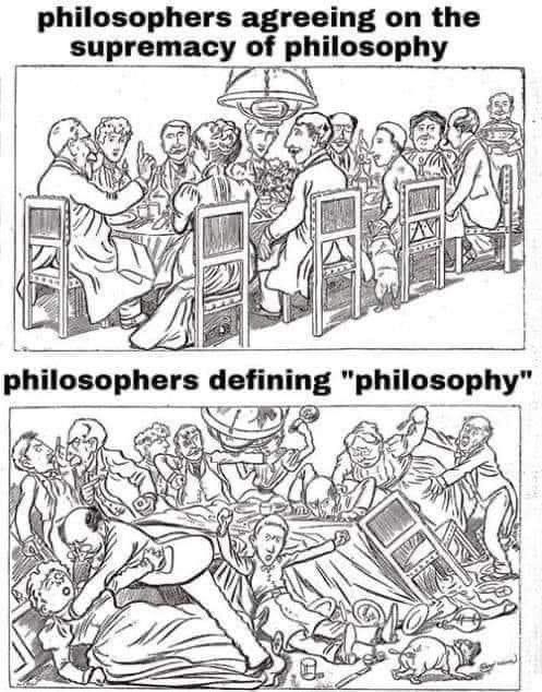 The meme is a humorous comparison between philosophers discussing the meaning of life and philosophers actually defining the concept of "philosophy". The image shows a group of philosophers engaged in a lively discussion, with one philosopher at the center of the table, passionately arguing with his colleagues. The text at the top of the image reads "Philosophers discussing the meaning of life" and at the bottom, "Philosophers defining 'philosophy'".
