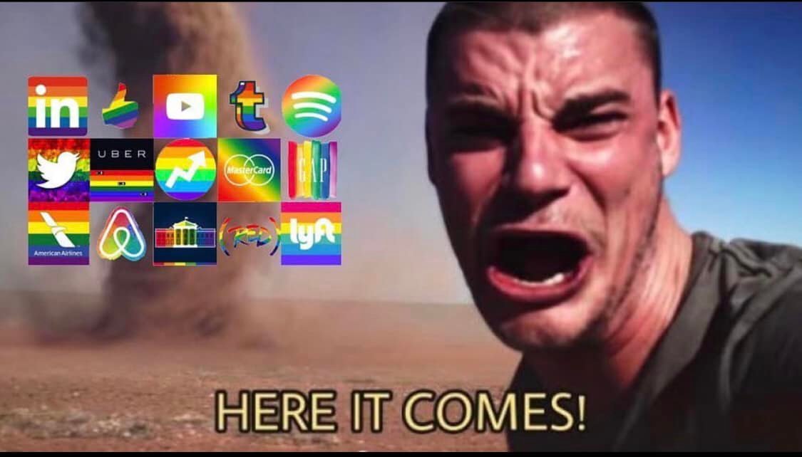 The meme features a screenshot of a person with a shocked expression, with a caption "Here it comes..." followed by a list of popular social media logos, including Twitter, Facebook, and Instagram, each with a rainbow-colored logo or a LGBTQ+ pride flag overlay. The implication is that the person is about to be overwhelmed by the influx of LGBTQ+-friendly social media logos.