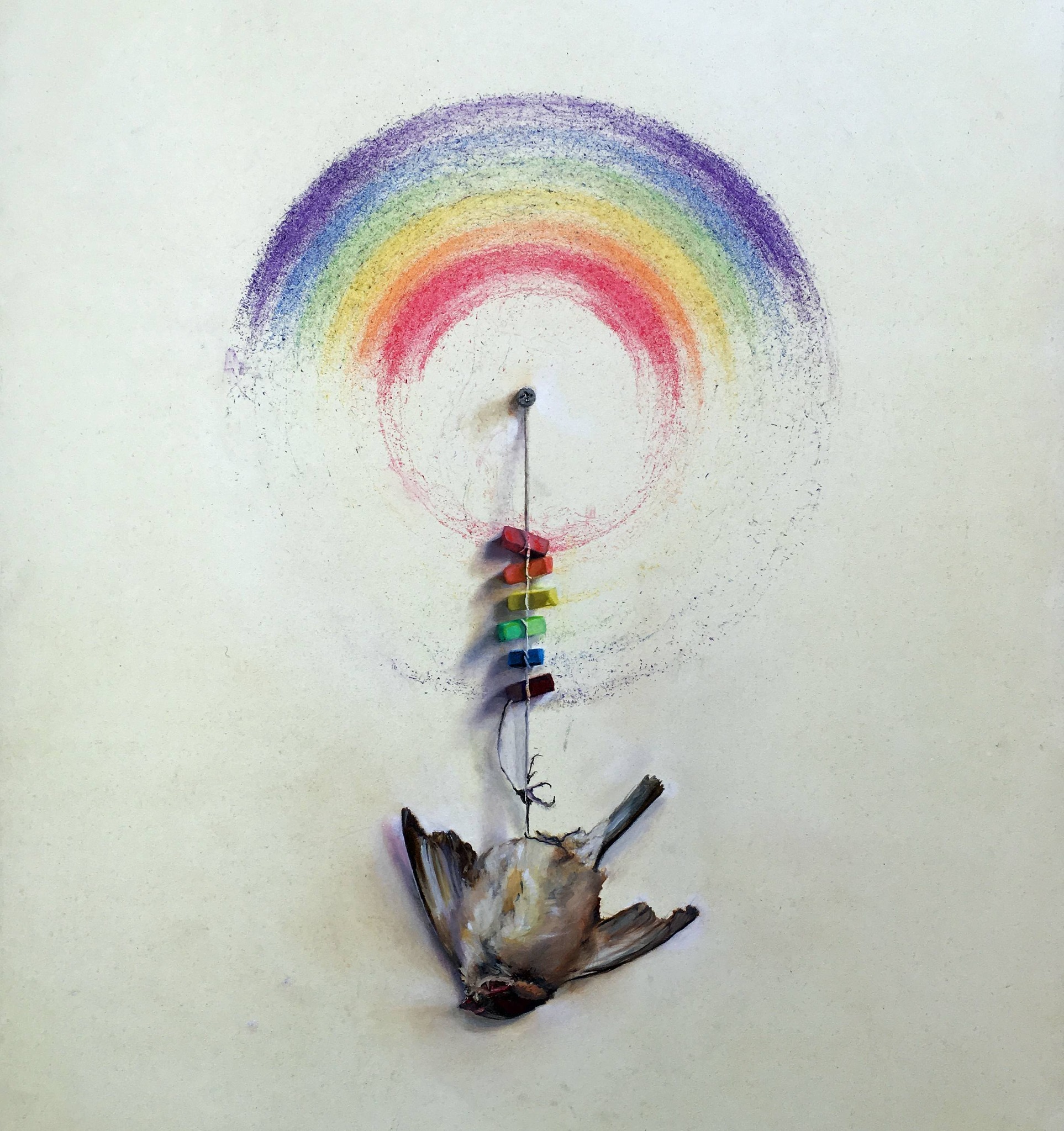 The meme is an image of a dead bird with a string tied around its neck, with a rainbow-colored string attached to a small wooden bead on the bird's neck. The text "I can explain" is written above the image. The image is a humorous and dark take on the common phrase "I can explain" often used to deflect blame or responsibility, but in this case, it's a literal explanation of a dead bird's cause of death.