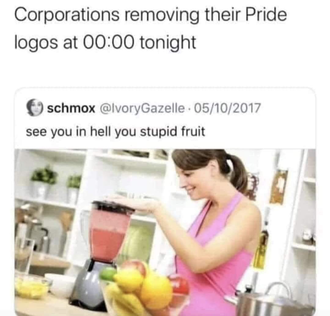 This meme is a humorous image of a woman in a kitchen, holding a blender and smiling, with a caption that reads: "corporations removing their pride logos at 00:00 tonight". The image is likely a satirical commentary on the commercialization of Pride Month, implying that corporations are only supportive of the LGBTQ+ community for profit, and will remove their Pride logos as soon as the month is over.