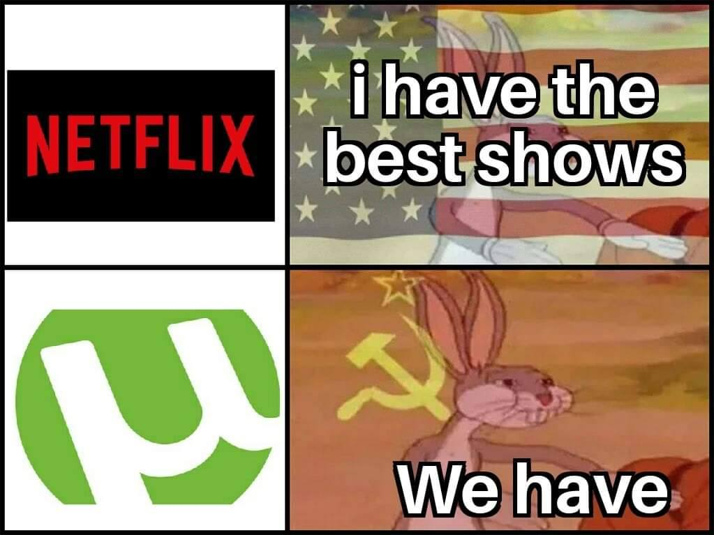 The meme is a humorous comparison between two popular video streaming services, Netflix and YouTube Premium. The image depicts a cartoon rabbit from the classic Looney Tunes series, with a caption that reads "I have the best shows" in a sarcastic tone, implying that the viewer has access to both services, but is only using one of them.