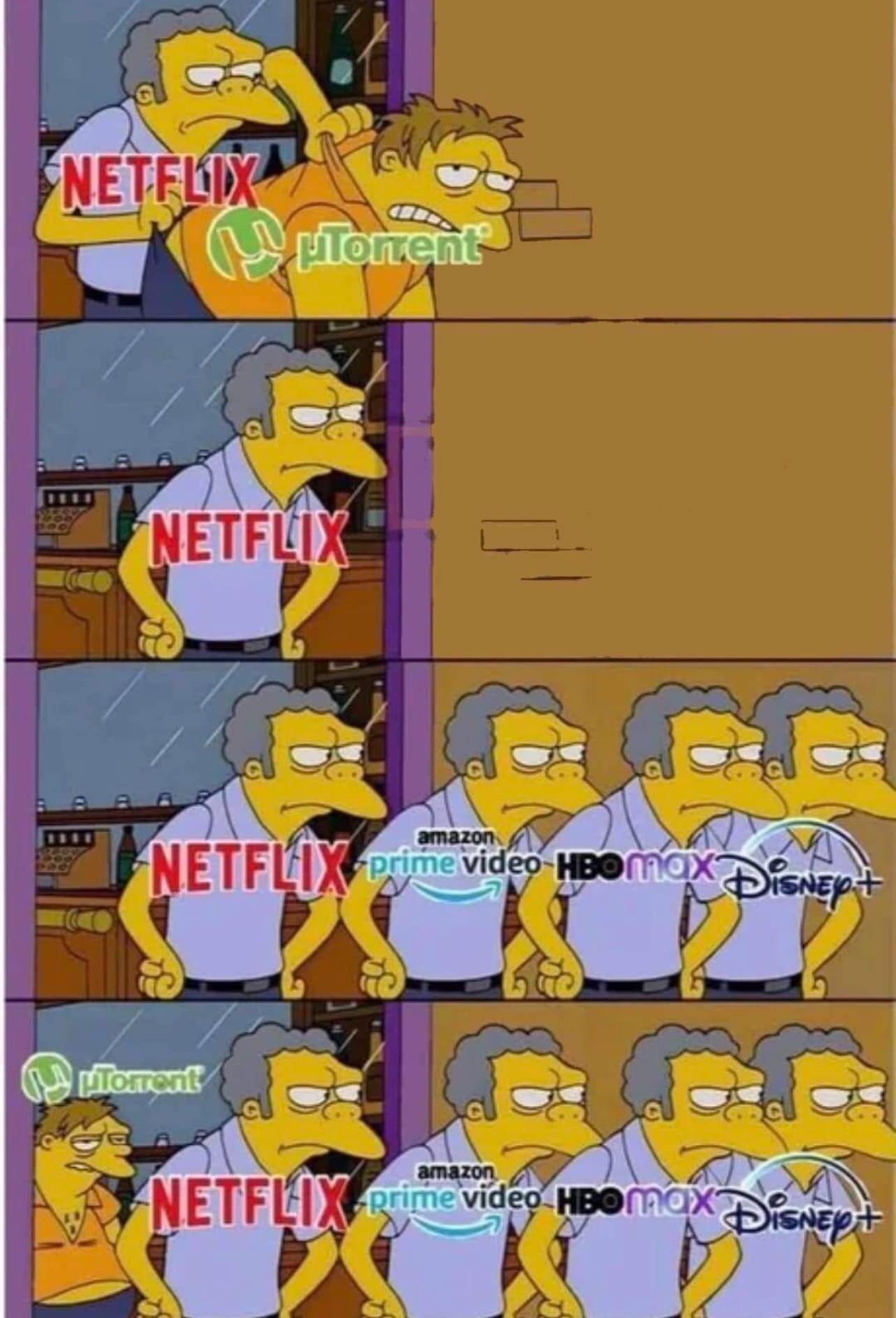 The meme is a humorous comparison between the streaming services Netflix and Hulu. It's presented as a series of four panels, each showing a character from the Simpsons TV show, Ned Flanders, looking increasingly frustrated and disappointed. The text that appears in the image is "Netflix", "Hulu", and the names of various other streaming services, each with a red X through it, implying that they're all inferior to Netflix.