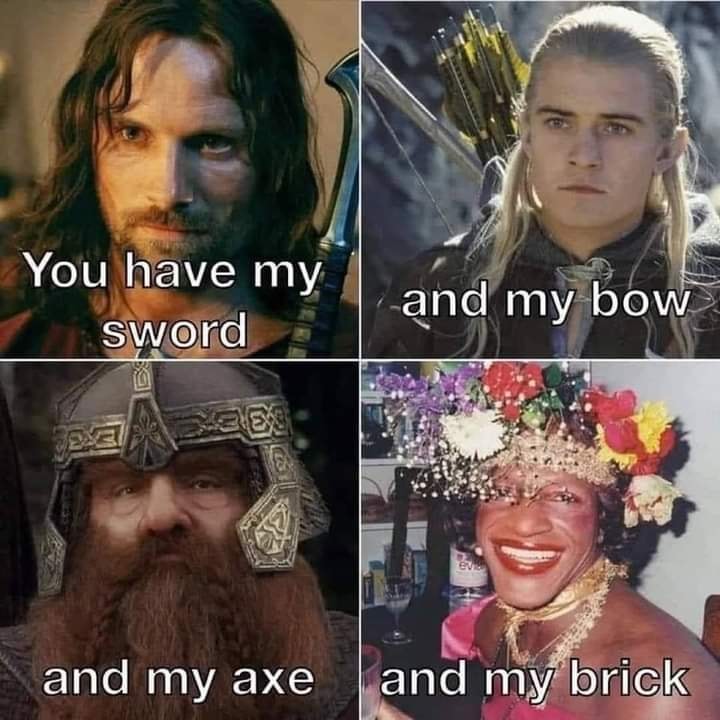 This meme is a mashup of two popular franchises: "The Lord of the Rings" and "Game of Thrones". It features a split-screen image with a quote from "The Lord of the Rings" ("You shall not pass!") on the left, and a quote from "Game of Thrones" ("I drink and I drink") on the right. The text at the top reads "You have my sword" and at the bottom "You have my axe", referencing the characters' loyalty and bravery.