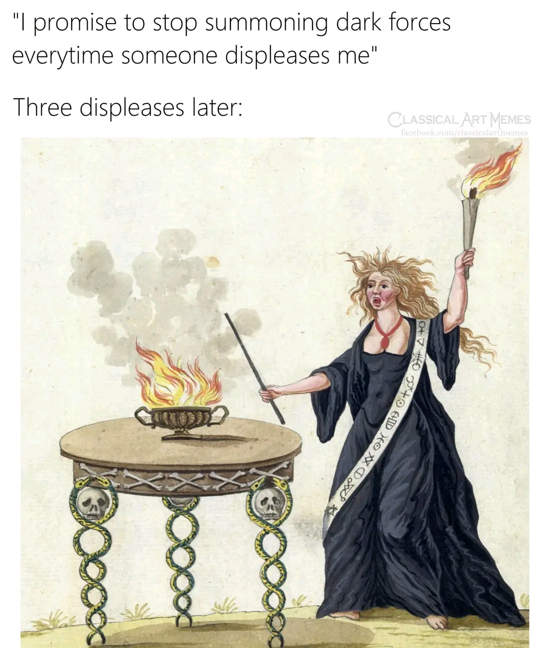 From a post-structuralist perspective, this meme can be seen as a commentary on the power of language and the instability of meaning. The image of a woman in a black dress, surrounded by symbols of death and destructi...