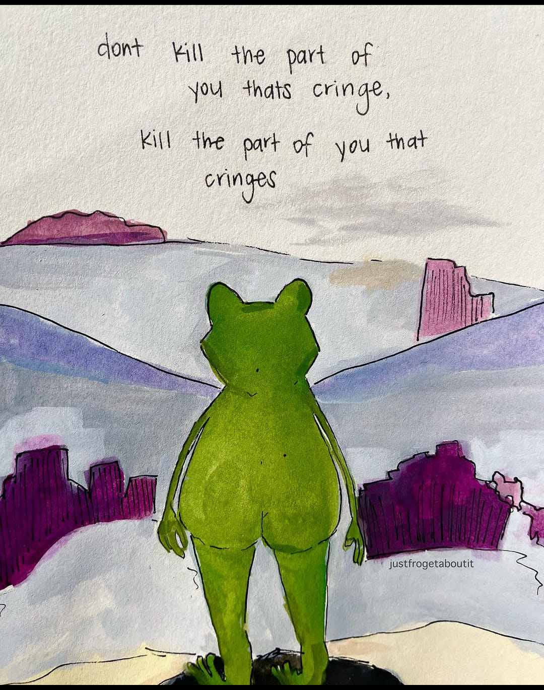 The meme is a cartoon of a frog with its legs and arms cut off, leaving only its torso. The text "don't kill the part of you that's ugly" is written above the frog, but the text in the meme is actually "don't kill the part of you that's cringe".