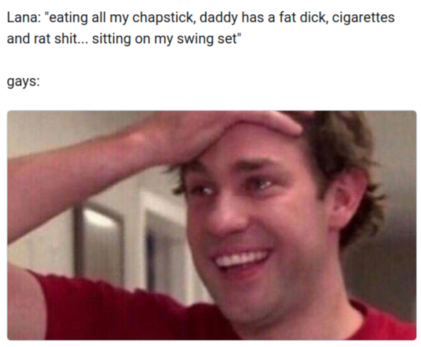 The meme features a screenshot of a person looking shocked and confused, with a caption that reads: "In 2-3 sentences, describe this meme for someone who cannot see it."  The image is a still from a TV show or movie, but the specific context is not clear. The caption is a humorous example of a request to describe a visual image, implying that the image is so confusing or absurd that it's hard to put into words.  The text at the top of the image reads: "Lana: 'eating all my chapstick, daddy has a fat dick, cigarettes and rat shit... sitting on my swing set'"