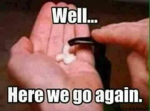 This meme is an image of a person's hands holding a small pill, with the text "Well... here we go again" written above it. The image is likely referencing the common phrase "here we go again" which is often used to express a sense of inevitability or frustration, implying that the person is taking a pill to alleviate a problem that they know will return.