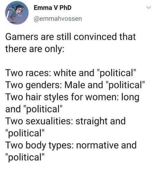 The meme is a screenshot of a Twitter post that lists various categories of people that gamers are often assumed to be. The text reads: "Gamers are often assumed to be: 2D, male, white, straight, and able-bodied. In reality, gamers are: diverse, complex, and multifaceted. Let's break down these stereotypes and get to know each other as individuals."