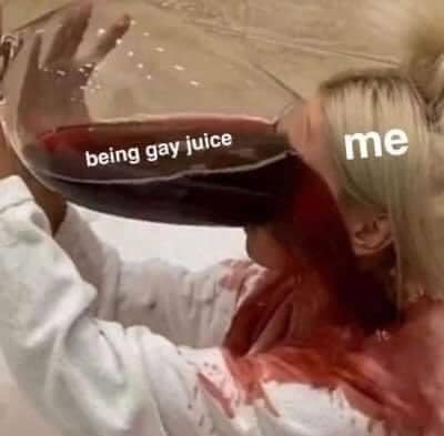 This meme is an image of a person drinking wine and has the text "being gay" and "jewish" overlaid on it. The text "being gay" is written in a messy, handwritten font, while "jewish" is written in a more formal, cursive font. The image is likely a humorous take on the idea that being gay is somehow equivalent to being Jewish, implying that being gay is somehow a defining characteristic of Jewish people.