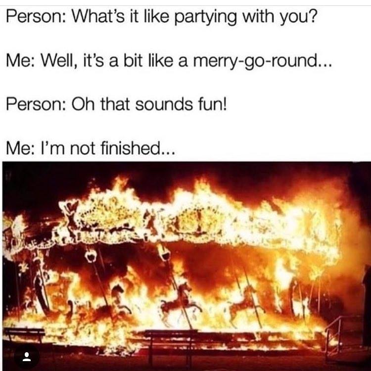 This meme is a humorous response to someone asking about their experience at a party. The image depicts a chaotic and destructive scene, with flames and debris everywhere. The text "In 2-3 sentences, describe this meme for someone who cannot see it" is a tongue-in-cheek acknowledgment of the image's visual impact, and the response "I got there, saw the fire, and left" is a witty summary of the situation.