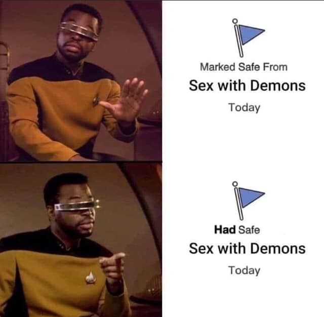 This meme is a humorous take on the concept of "trigger warnings" often used in online communities to alert others to potentially sensitive or disturbing content. The image features a character from the Star Trek: The Next Generation series, Captain Jean-Luc Picard, with a "trigger warning" label. The text on the image reads: "This meme contains: explicit references to being scared, which may be triggering for some users."