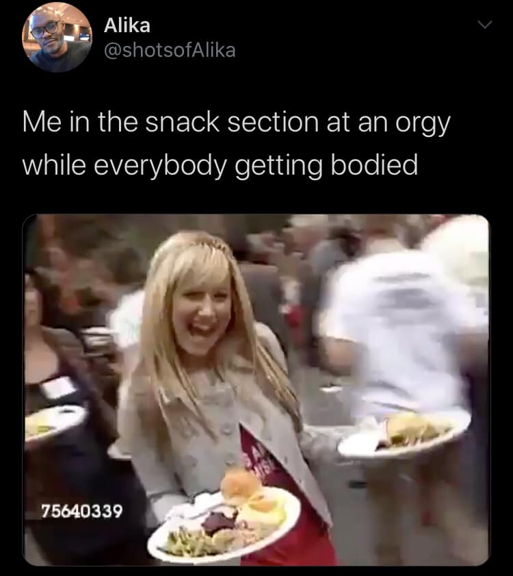 This meme is an image of a woman, likely from a TV show or movie, reacting to a situation with a mix of surprise and horror. The text "Me in the snack section at an orgy while everybody's getting naked" appears above the image. The meme is a humorous take on the idea of being in a situation where one's usual rules of behavior are not applicable, and the speaker is struggling to cope with the unexpected surroundings.