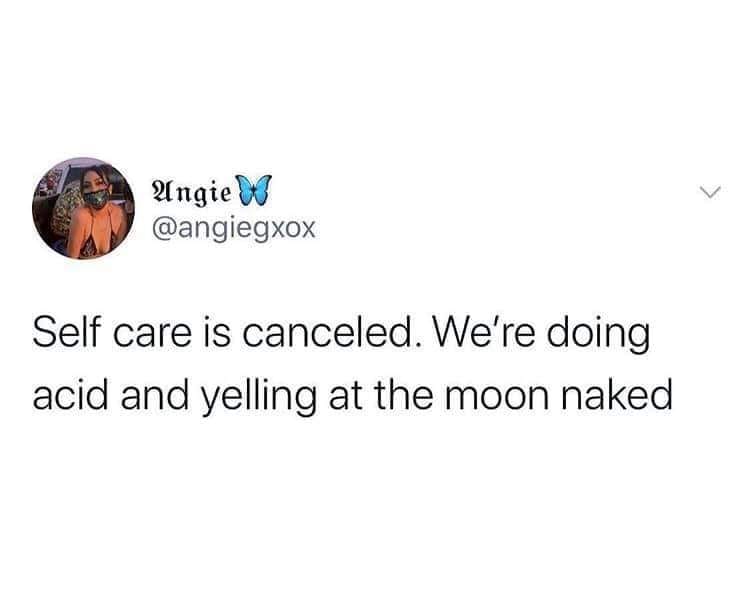 This meme is a humorous take on the idea that the world has gone to hell and people are just trying to cope. The text reads: "self care is cancelled, we're just drinking and yelling at the moon". It's a lighthearted way to poke fun at the current state of the world and the idea that we're all just trying to survive.