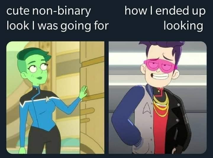 The meme is a humorous comparison between the expectations of being non-binary and the reality of being non-binary. The image features two panels: the first shows a confident, stylish character from a sci-fi show, and the second shows a more subdued, awkward character. The text above the panels reads "I was going to be a cool, androgynous alien, but it turns out I'm just a weird, awkward human."