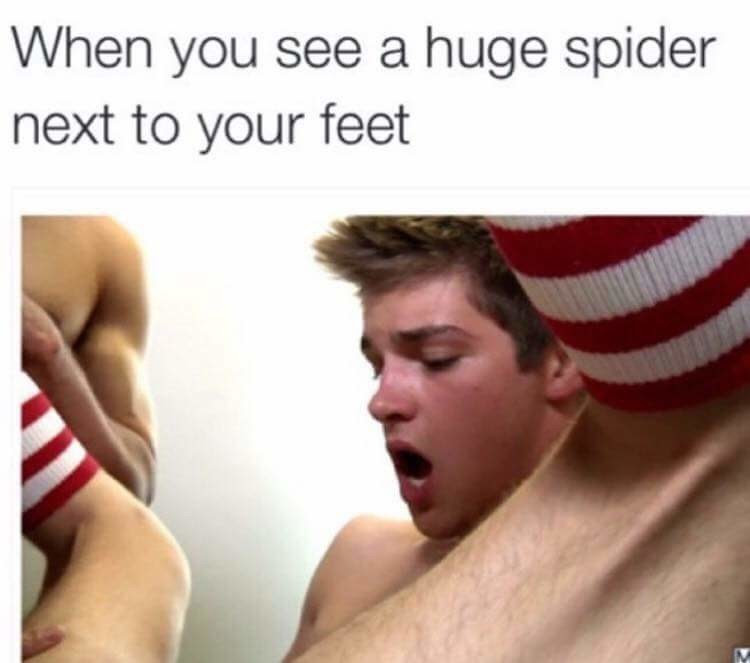 This meme is an image of a person who is visibly shocked and frightened, with a caption that reads "When you see a huge spider next to your feet". The image is likely a screenshot from a video or a still photo, and it's meant to be humorous and relatable, poking fun at the common fear of spiders.