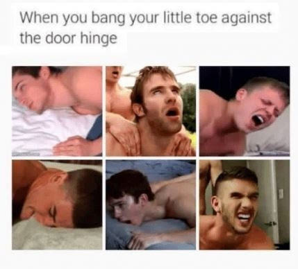 This meme is a humorous image of a person in a state of intense pain or discomfort, likely due to a sudden and unexpected injury. The image depicts a person with a shocked and pained expression, and the accompanying text reads: "When you bang your knee on the bed frame and it's still sore the next day".