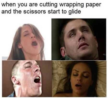 The meme is a humorous image of a person's face contorting in shock and horror, with a caption that reads "when you're trying to cut a piece of paper and the scissors start to glide smoothly, but you're still holding on tight and your fingers are about to get cut off". The image is meant to be a comedic exaggeration of a frustrating and potentially painful situation.