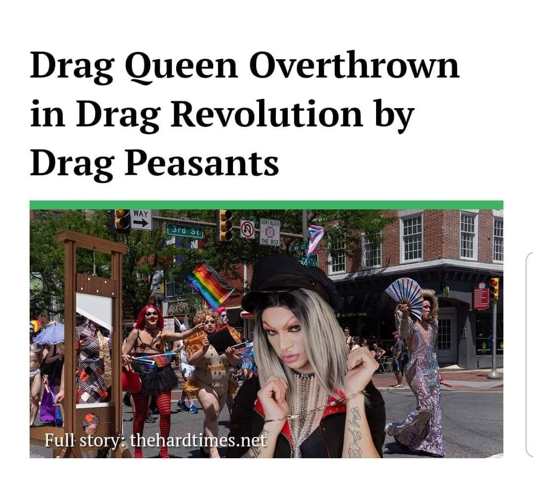 The meme is a screenshot of a news headline with a photo of a crowd of people in a street, with a woman in the foreground holding a sign that reads "Burn it Down". The headline reads: "Destruction of historical building sparks outrage". The image is captioned "When the revolution eats its own".