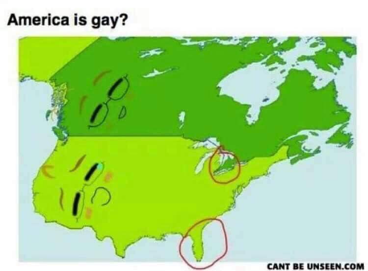 This meme is a screenshot of a US map with a red circle around the state of Florida. The text "America is gay" is written above the map, implying that the state of Florida is somehow "gay" or unusual in some way. The humor likely comes from the absurdity of labeling a state as "gay" and the implication that Florida is somehow different from the rest of the country.