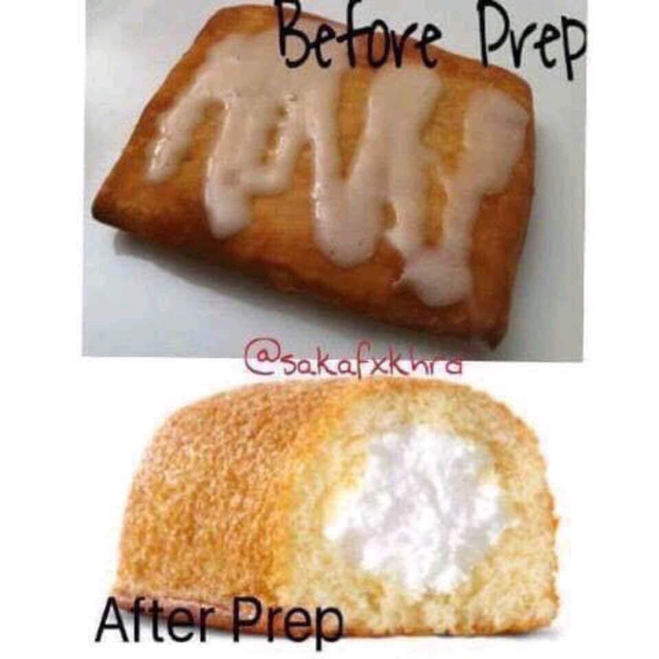 The meme is a humorous comparison between a before and after state of a snack, specifically a Hostess HoHo. The image shows a "before" HoHo with a smooth, unbroken surface and a "after" HoHo with a chunk of filling missing, exposing the creamy center. The text "Before" and "After" are written above and below the images, respectively.
