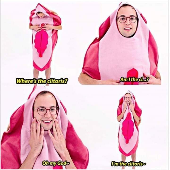 This meme is a humorous image of a person in a pink vagina costume, with a caption that says "Where's the clitoris?" and a response of "I am the clitoris". The meme is a play on words, using the phrase "I am the clitoris" to make a pun on the phrase "I am the Christ".