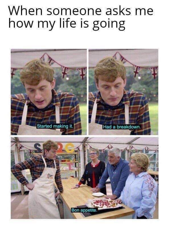 The meme features a screenshot from a British baking show, with a contestant (Nigel Owens) looking unimpressed. The image shows him with a scowl on his face, and the text "I've made a cake" appears at the top. The caption "When someone asks how your life is going" is written above the image, and the response "I've made a cake" is written below it.