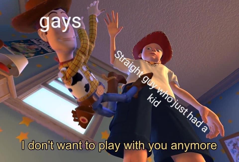 This meme is a screenshot from the Disney-Pixar movie "Toy Story 2". The image shows Woody, a toy cowboy, looking down at a room where his owner, a young girl named Jessie, is playing with him. The text "I don't want to spend the rest of my life watching you grow up" is written on Woody's face, expressing his concern about being left behind as Jessie grows up.  The meme is a humorous take on the idea of being left behind or abandoned, and is often used to express feelings of jealousy or insecurity when someone's partner or friend is moving on or growing up.