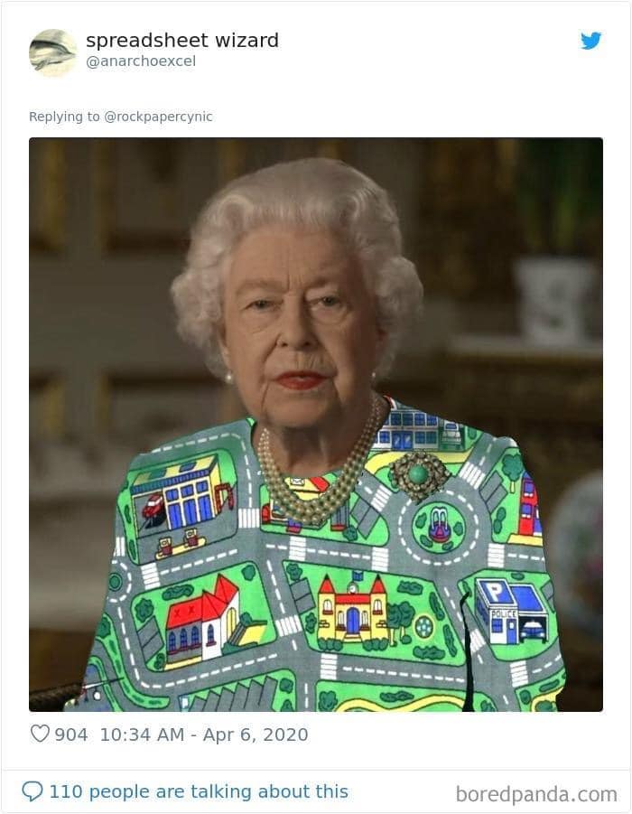 This meme is an image of Queen Elizabeth II with a cartoonish, childlike illustration of a cityscape covering her clothes. The text "I can visit anywhere in the world but I still live in Buckingham Palace" is written above the image, implying that despite her royal status, she's still stuck in a traditional, old-fashioned lifestyle. The meme pokes fun at the Queen's perceived stuffiness and lack of modernity.