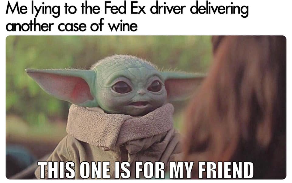 The meme is a humorous image featuring the character Baby Yoda from the Star Wars series. The image shows Baby Yoda looking at the viewer with a concerned expression, and the text "This one is for my friend" appears at the top of the image. The meme is a play on the phrase "this one is for the road" and is used to express that the person is sharing a wine with a friend.
