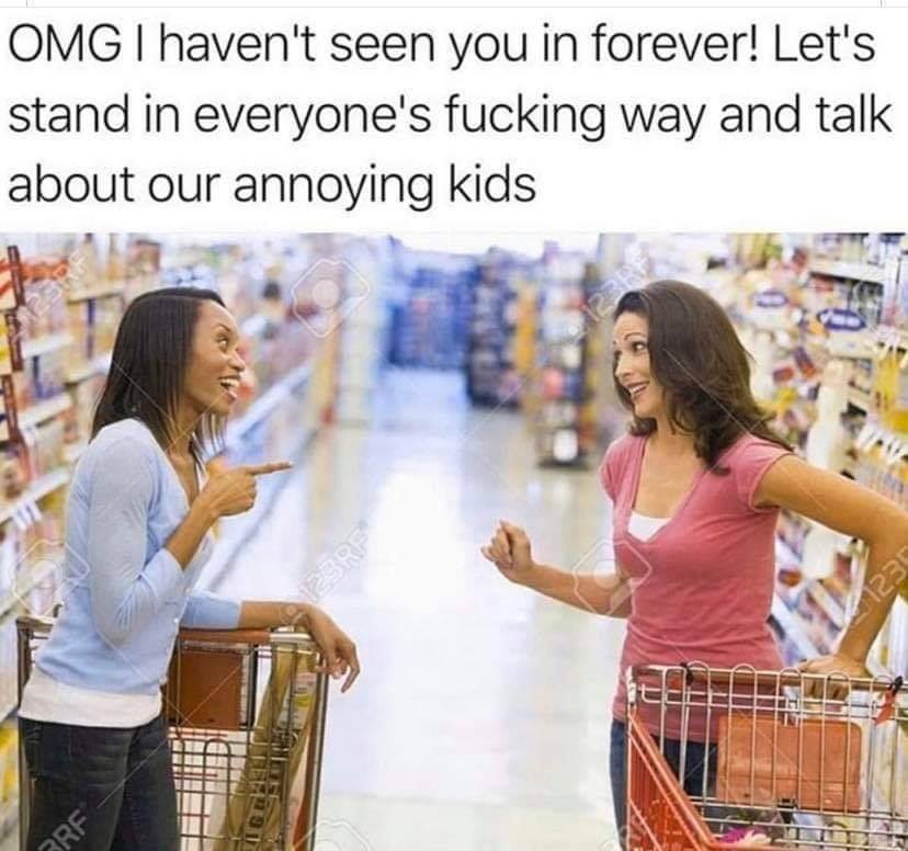 This meme is a humorous image of two women standing in a grocery store aisle, staring at each other with a mix of shock and annoyance. The text above the image reads: "OMG I haven't seen you in FOREVER! Let's catch up and talk about our kids...". The tone is sarcastic, implying that the speaker is not actually interested in catching up with the other woman, but rather is annoyed by her presence.