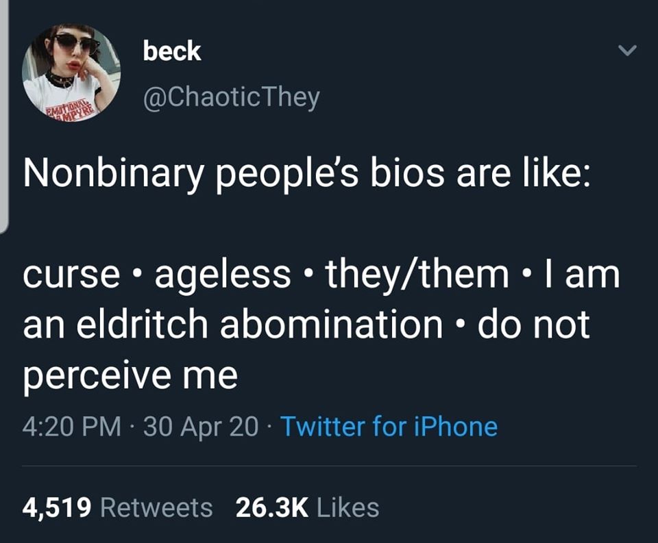 The meme is a screenshot of a Twitter post that appears to be a humorous take on the struggles of being a non-binary person. The text reads: "Nonbinary people's bios are like: 'I am a sentient being, please do not assume my pronouns, and also I am a sentient being, please do not assume my pronouns'".