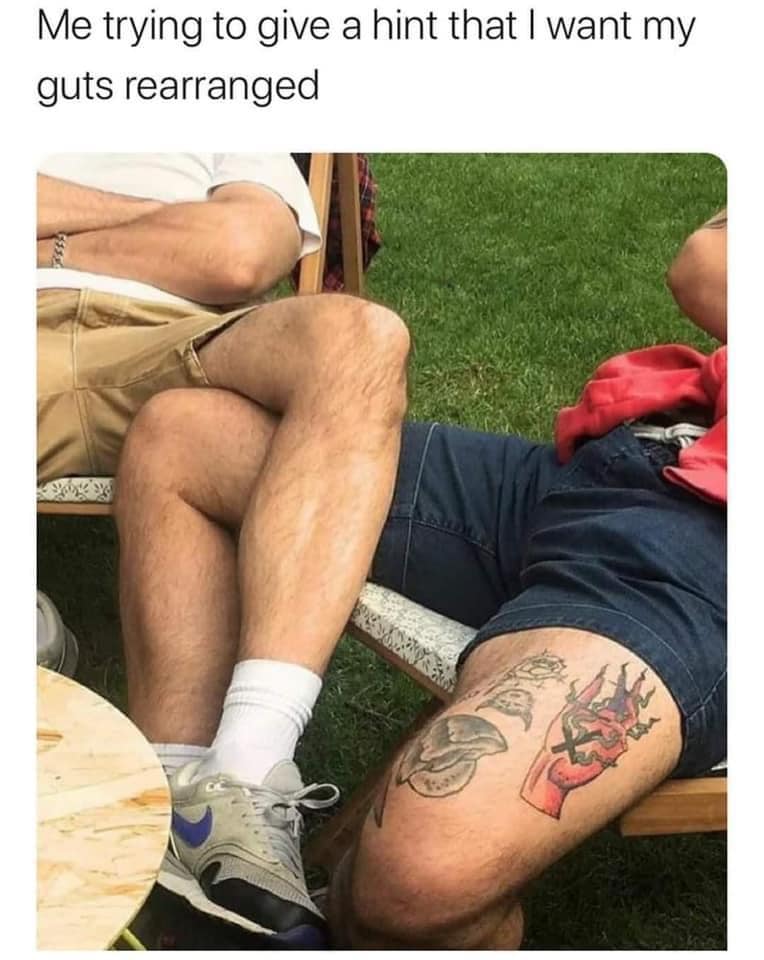 The meme is an image of a person's legs with a tattoo of a pineapple on one thigh and a tattoo of a pineapple with a devil face on the other. The text above the image reads "Me trying to get a tattoo but also being a rebel". The meme is humorous because it pokes fun at the idea of trying to be edgy or rebellious, but ultimately ending up with a tattoo that is still a pineapple, which is a relatively common and not particularly rebellious symbol.