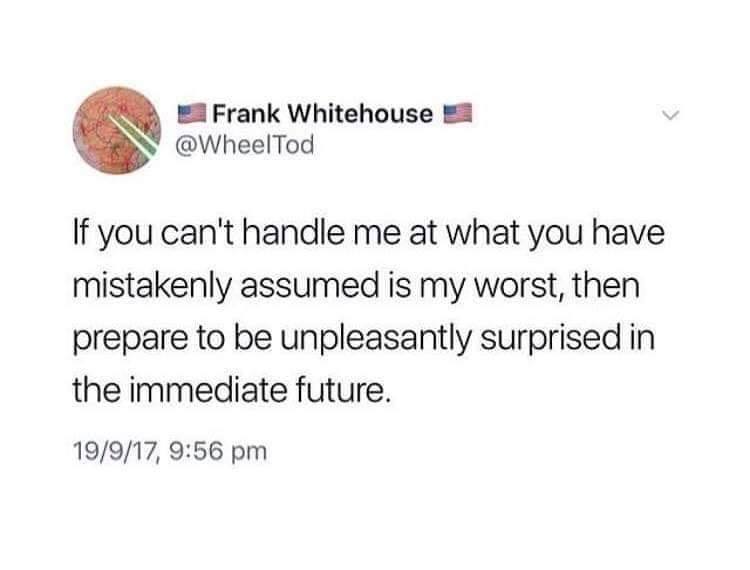 The meme is a screenshot of a Twitter post from a user named @H3ll_0, which reads: "if you can't handle me at my worst, then leave. don't @ me." The text is written in a bold, block font and is accompanied by a cartoon image of a girl with a "don't @ me" expression.