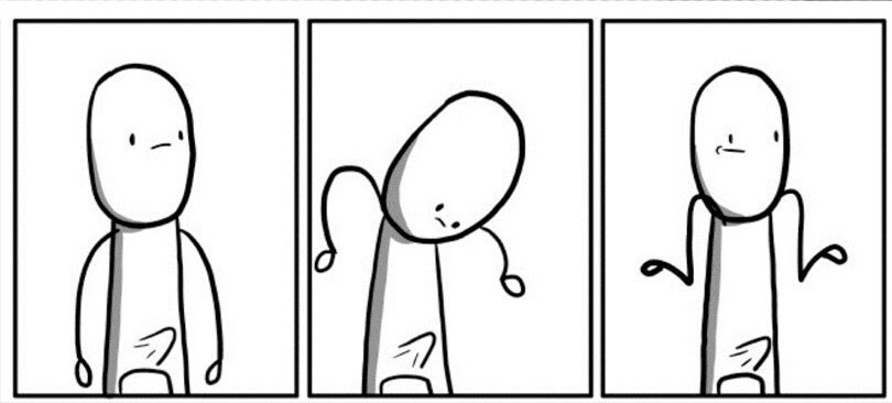 This meme is a simple, hand-drawn comic featuring a stick figure with a blank expression. The figure is shown with a blank face, but in the second panel, it suddenly has a shocked and confused expression, with its arms raised in surprise. There is no text in the image.