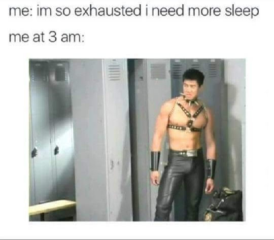 This meme is a photo of a person in a costume, likely from a sci-fi or fantasy movie, standing in a dimly lit room. The text "me: im so exhausted i need more sleep me at 3 am" is written above the image, suggesting that the person in the photo is experiencing a late-night energy crash. The meme is likely humorous because it juxtaposes the person's exhaustion with their appearance, which is often associated with being alert and energized.