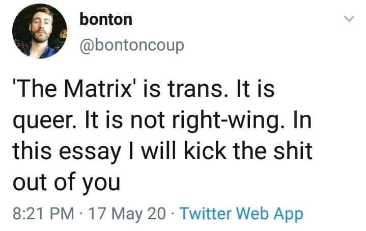 The meme is a screenshot of a Twitter post that reads: "In the Matrix, the humans are still a problem." The text is presented in a bold, white font on a dark background, with the Twitter handle "@b0t" at the top.