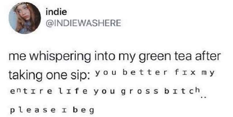 This meme is a humorous response to a person's request to "get the tea" (a slang phrase meaning to get gossip or juicy information). The text on the image reads: "in 2-3 sentences, describe this meme for someone who cannot see it: a person is asked to get the tea, but responds with a sarcastic and rude message, saying 'in 2-3 sentences, describe this meme for someone who cannot see it: you want me to get the tea but you can't even be bothered to get the tea yourself'"