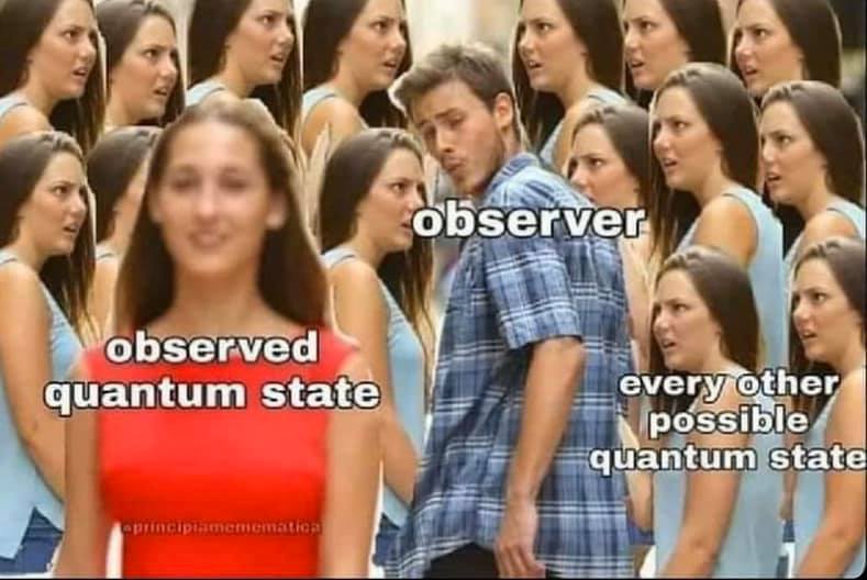 This meme is a humorous representation of the concept of the observer effect in quantum mechanics. The image shows a woman in a red dress standing in a crowd, with the text "observed" written above her. Below her, the text "quantum state" is written, with the word "collapses" written in the space between them, implying that the act of observation itself changes the state of the quantum system.