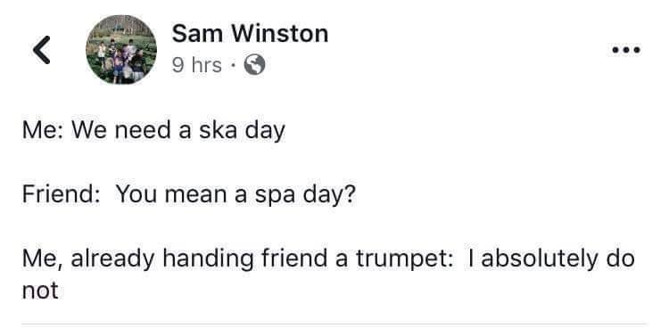 This meme is a humorous conversation between two friends. The first friend asks the second friend if they want to go to a "ska" (a type of music) day, implying a fun day out. The second friend responds with a joke about wanting to go to a "spa" day, which is a type of relaxing day out, but with a pun on the word "spa" sounding similar to "ska".
