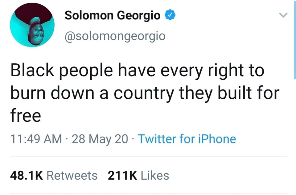 The meme is a screenshot of a tweet by a user named "Solomon Georgio" (note: the correct spelling is "Solomon Georgio" not "Solomon Georgio"). The tweet reads: "Black people have always been free. The problem is, they've been free in a country that hates them."