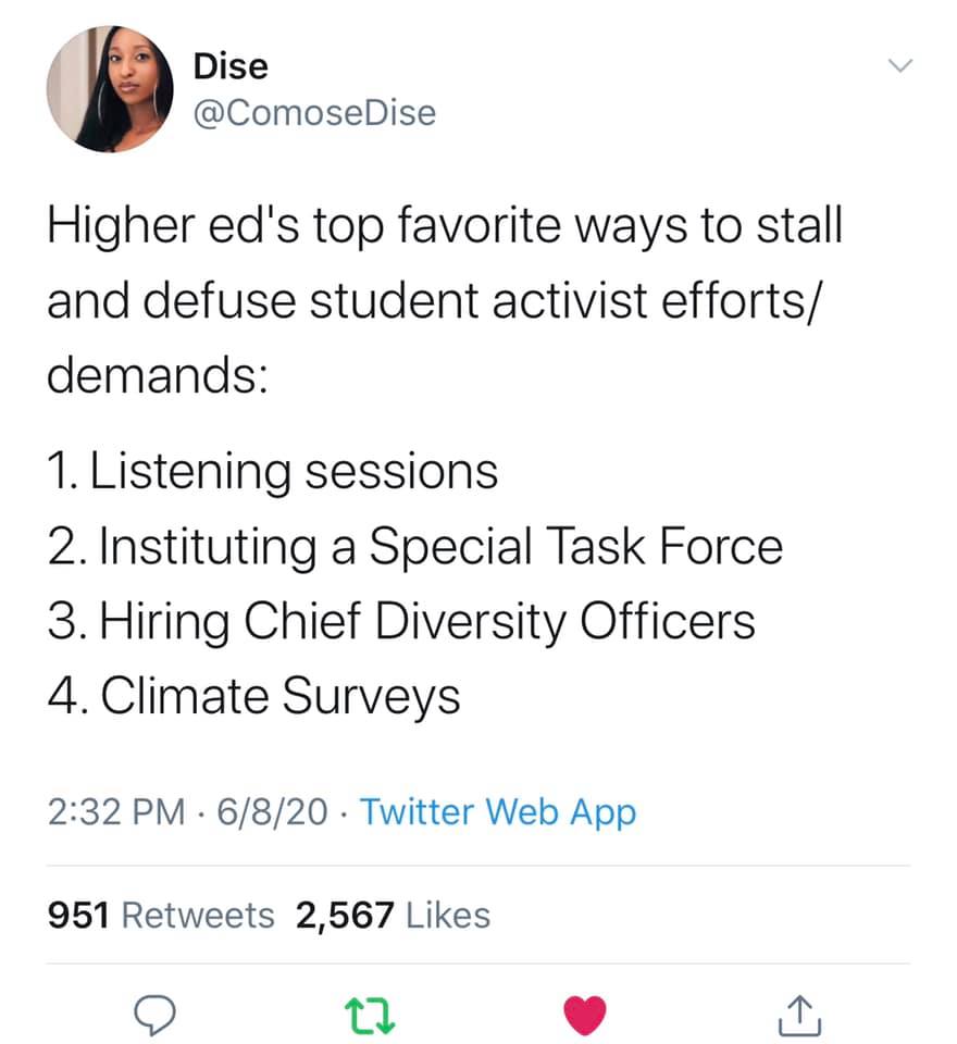 This meme is a list of four humorous "top 4" style entries, with the title "Higher ed's top 4" implied but not written. The list includes four humorous, relatable complaints about higher education, specifically about students' lack of engagement and motivation. The entries are:  * "Listening sessions that turn into lectures about student activism" * "Lectures on social justice that turn into lectures on how to be social" * "Lectures on climate change that turn into lectures on how to change your climate" * "Lectures on student activism that turn into lectures on how to be a student"