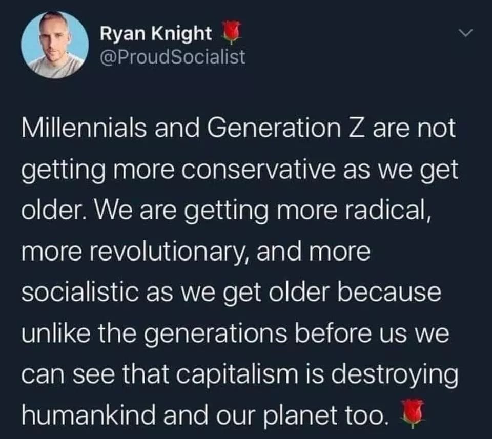 This meme is a screenshot of a tweet from a Twitter user named "ProudSocialist" (formerly "ProudLiberal") with the handle @ProudLiberal. The tweet reads: "I'm a millennial and I'm a socialist. I'm a socialist because I'm a millennial. I'm a millennial because I'm a socialist. I'm a socialist because I'm a millennial because I'm a socialist because I'm a millennial because I'm a socialist because I'm a millennial..." The tweet is a humorous example of a self-referential paradox, where the speaker's identity is defined by their own identity, and the identity is defined by the same identity.